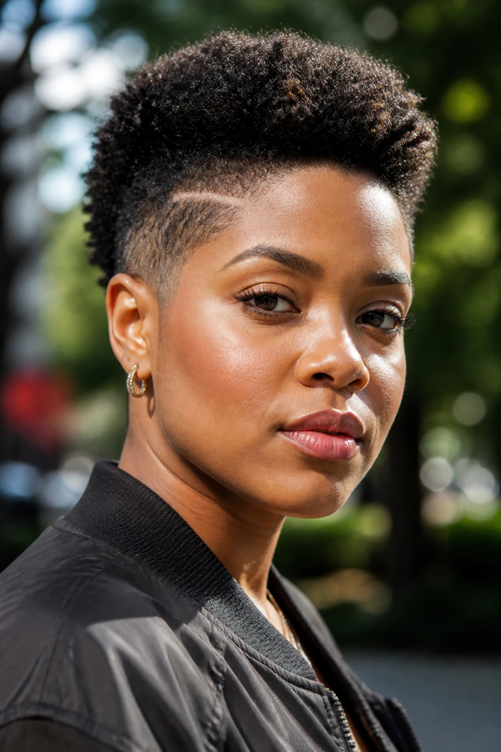Close-up portrait of a real person with short Afro and shaped sides