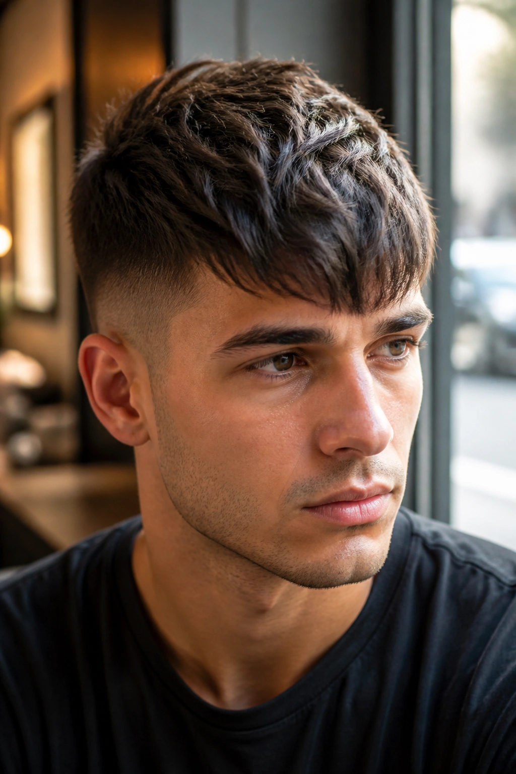 Close-up portrait of a man with a short asymmetrical French crop featuring an off-center fringe in warm daylight