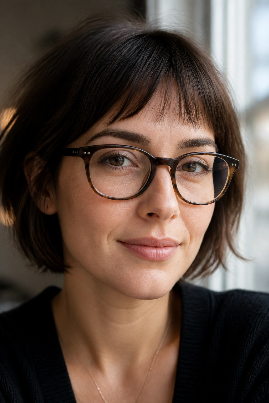 Close-up portrait of a real woman wearing glasses with short bangs above the frame line.
