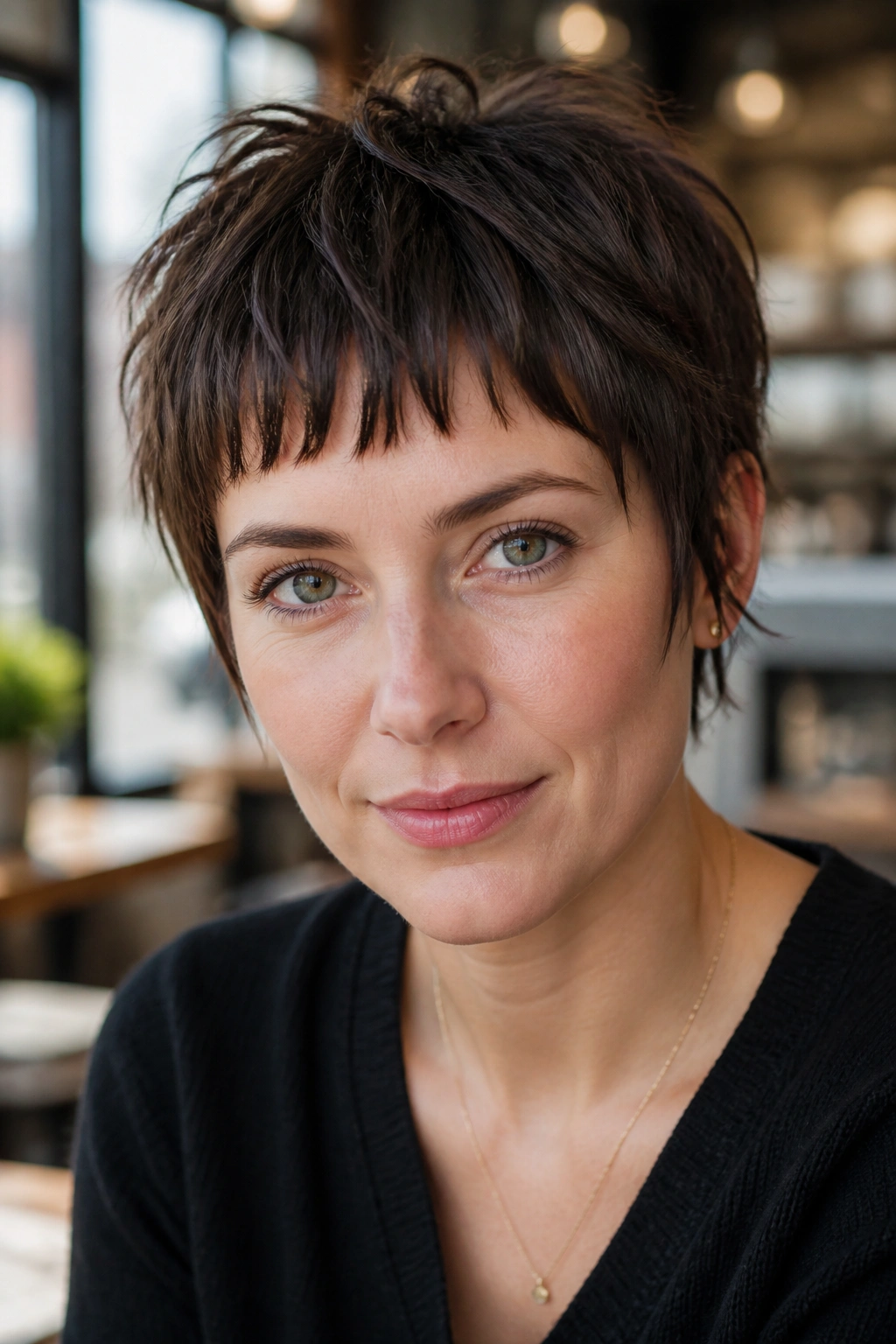 Portrait of real woman with short bangs and choppy pixie layers