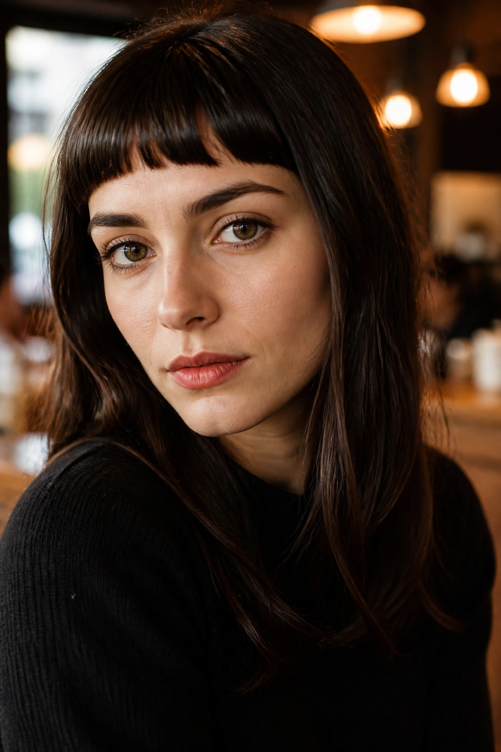 Close-up portrait of a real woman with short vintage French bangs