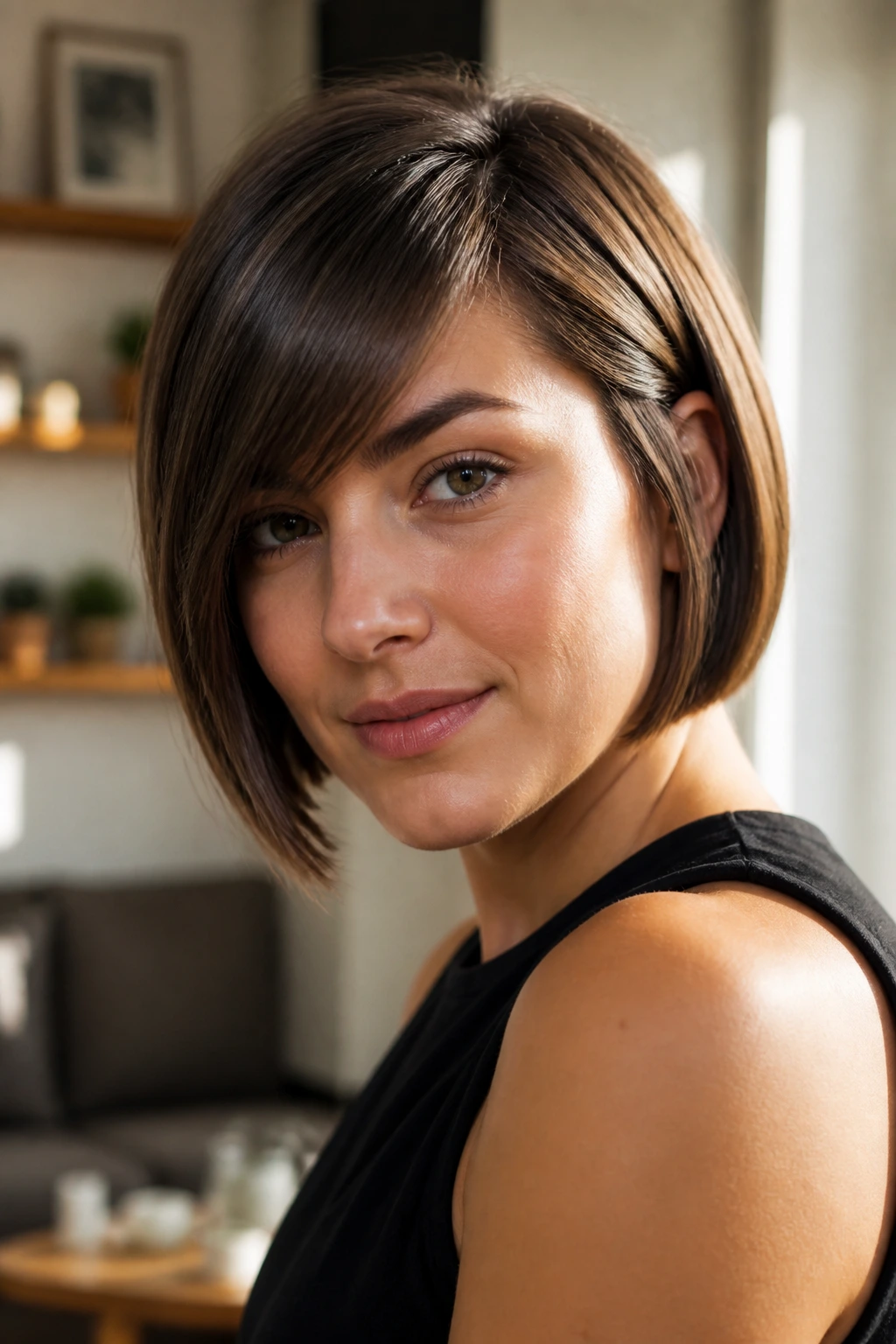 Close-up portrait of a real woman with a short bob and side-swept bangs