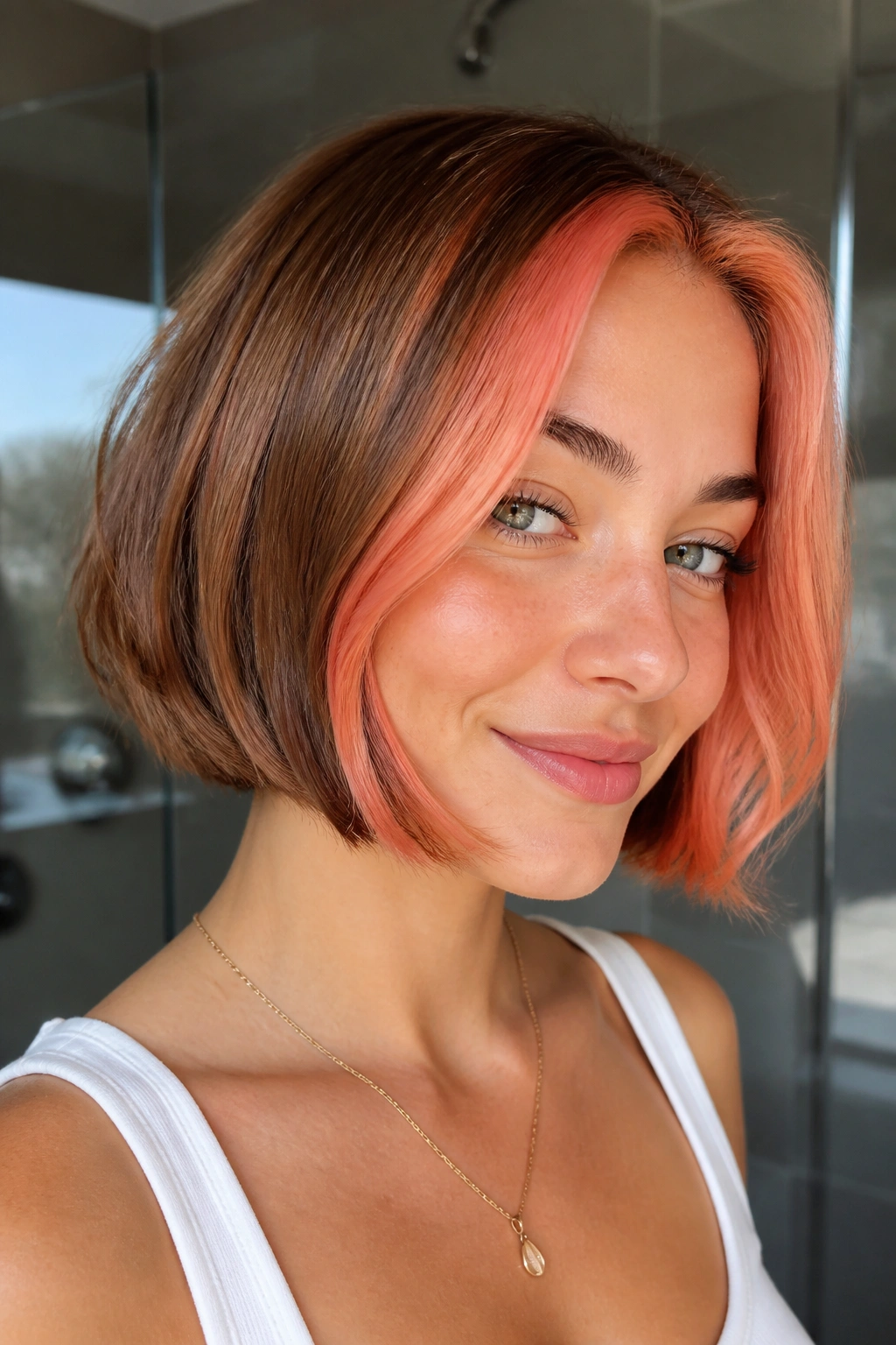 Close-up portrait of a woman with a blunt short bob and bright strawberry front pieces.