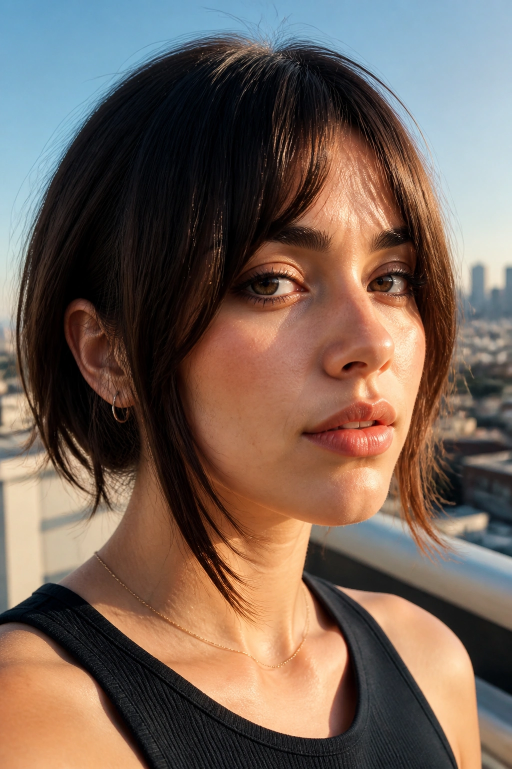 Close-up of a real woman with short center bangs and long sides