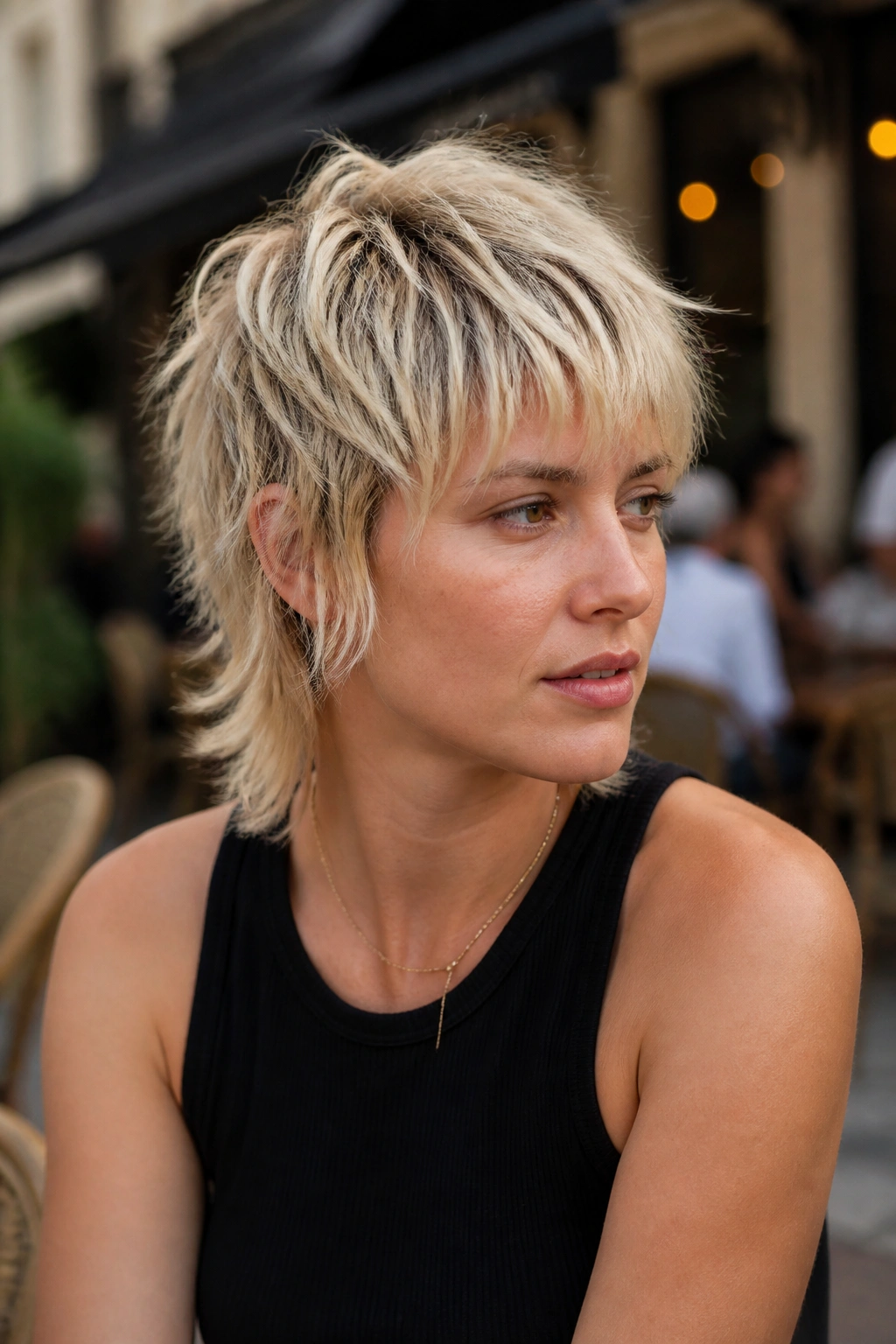 Portrait of a real woman with short choppy blonde mullet