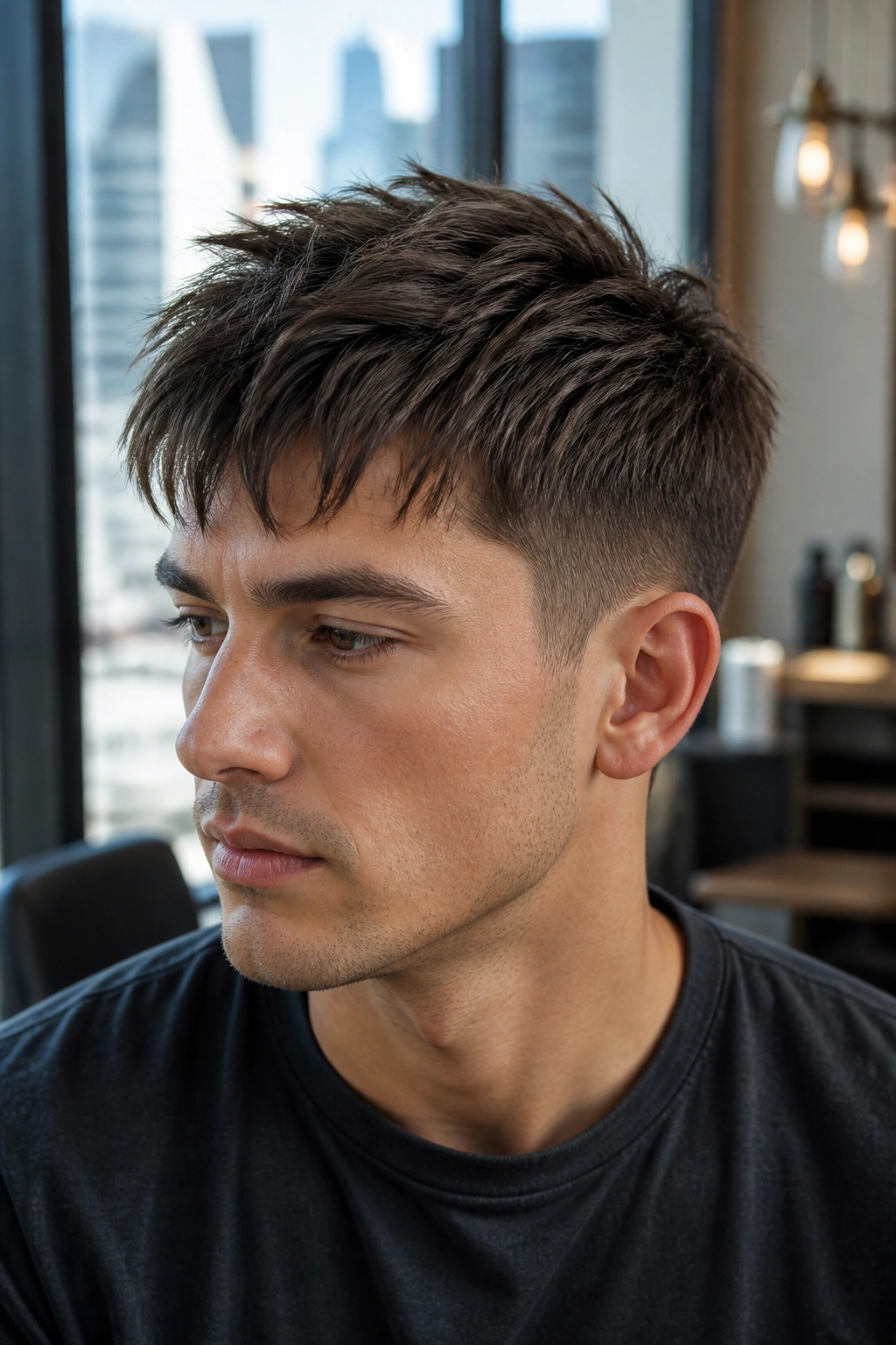 Close-up of a man with short choppy layered straight hair in a bright salon.