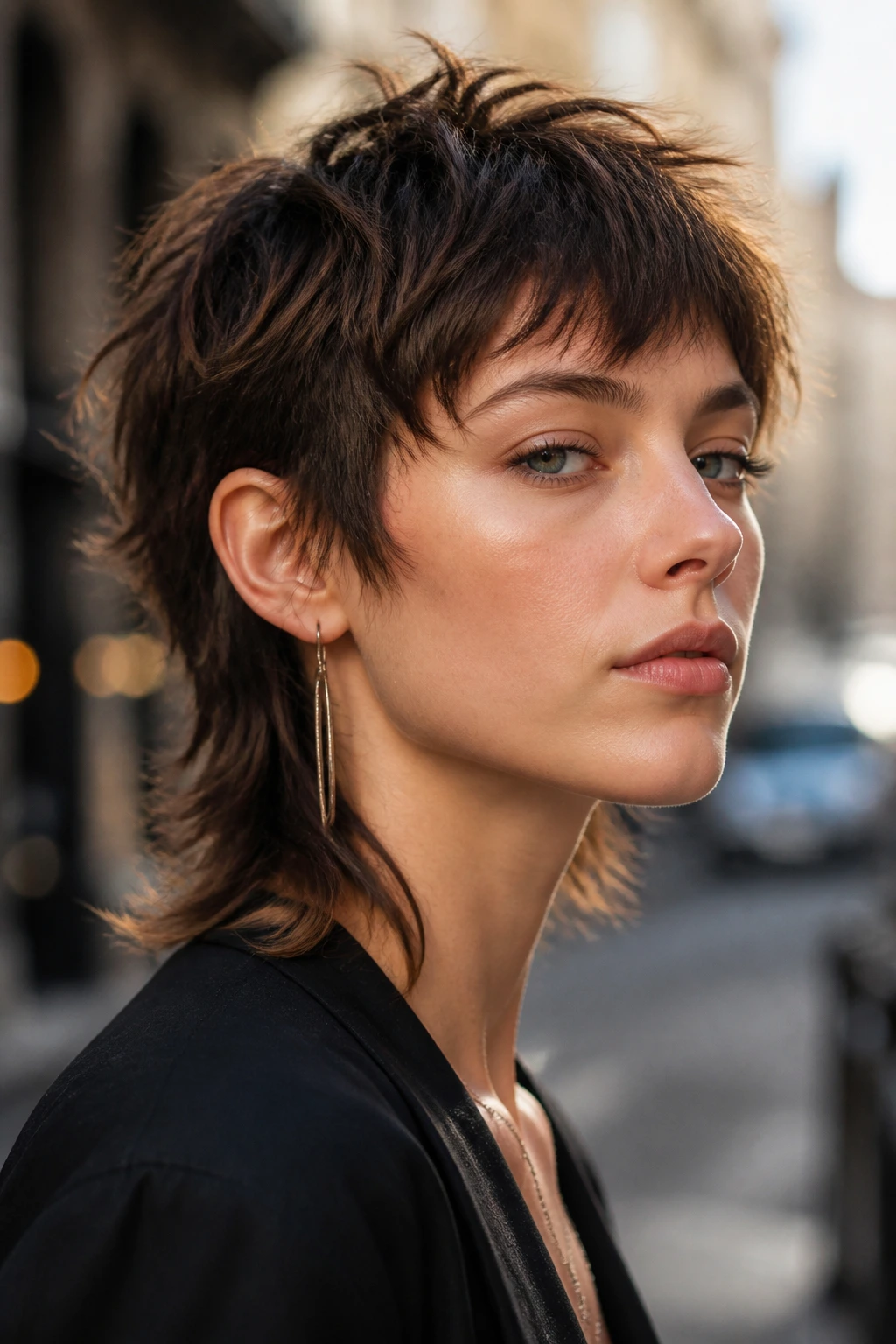Close-up portrait of a real woman with short choppy shaggy mullet on an urban street