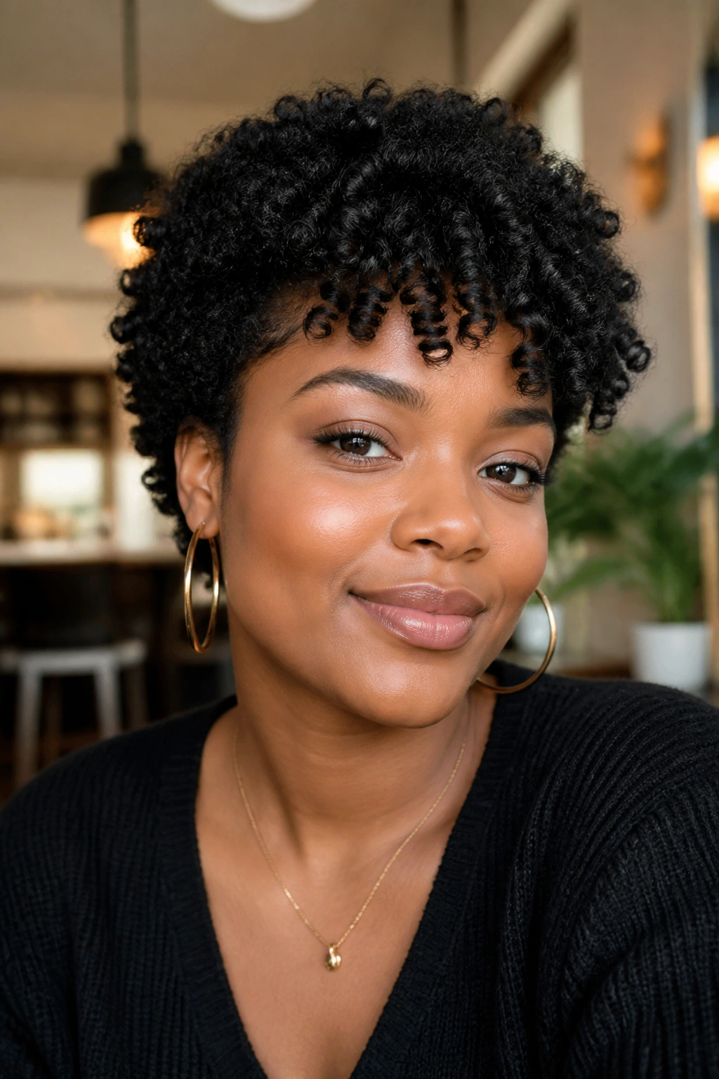 Close-up of a real person with a short coily fringe on Type 4 curls