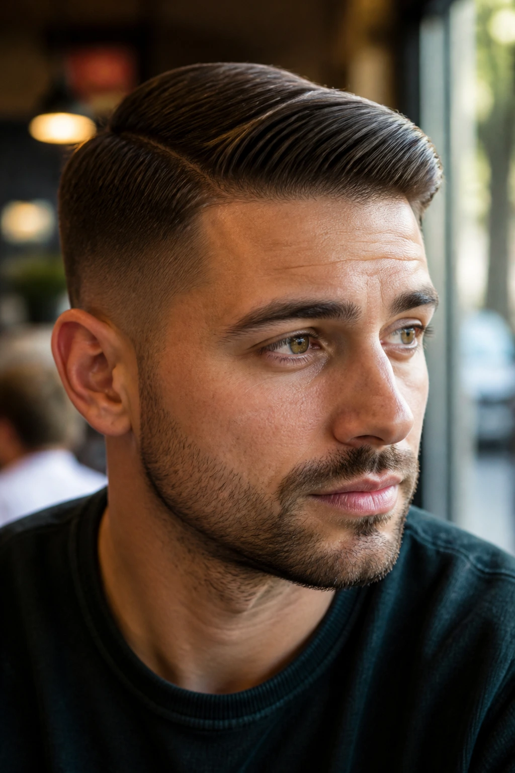 Close-up of a man with a modern short comb over hairstyle in a cafe setting.