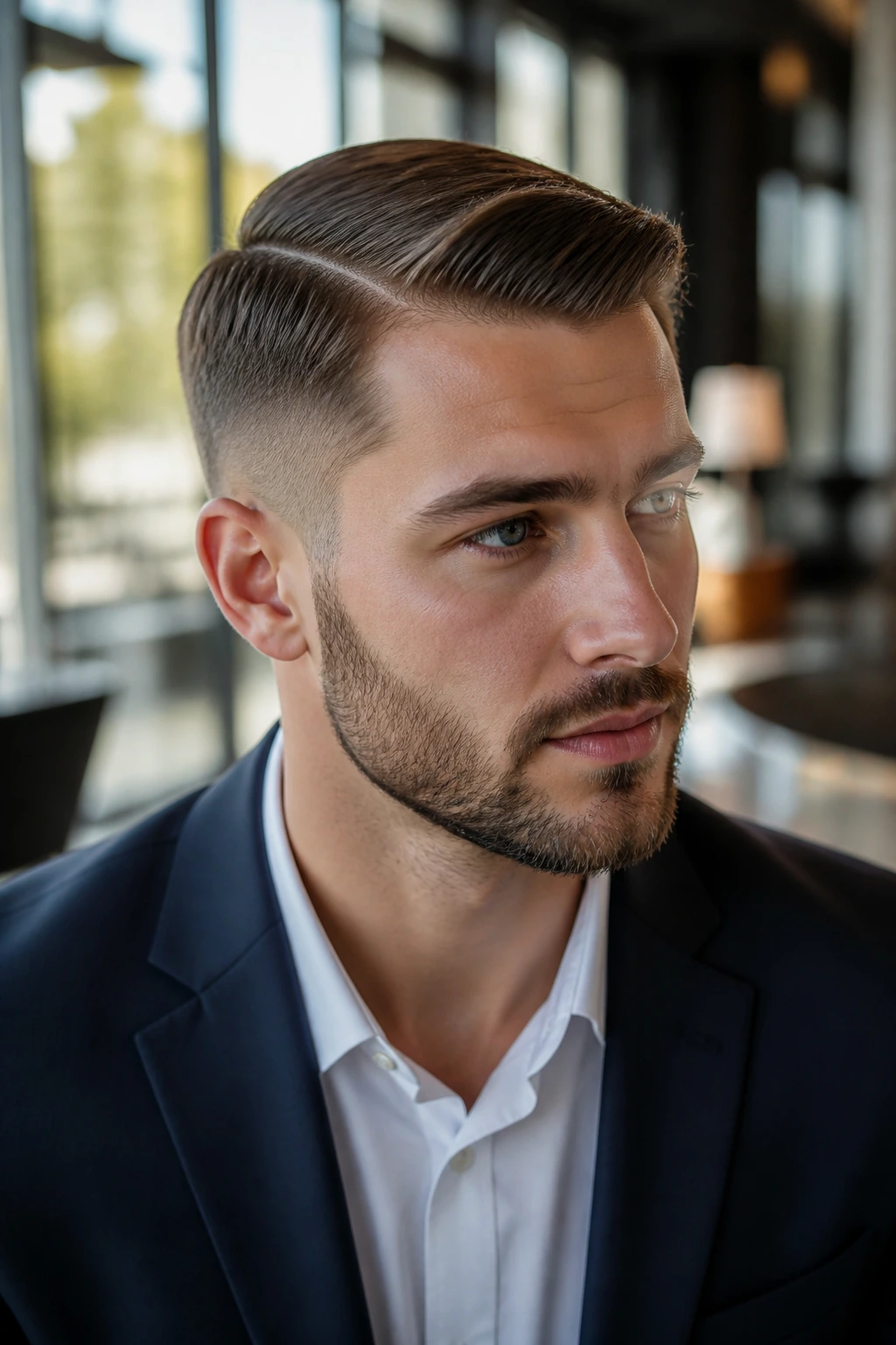 Close-up portrait of a man with a short comb over hairstyle