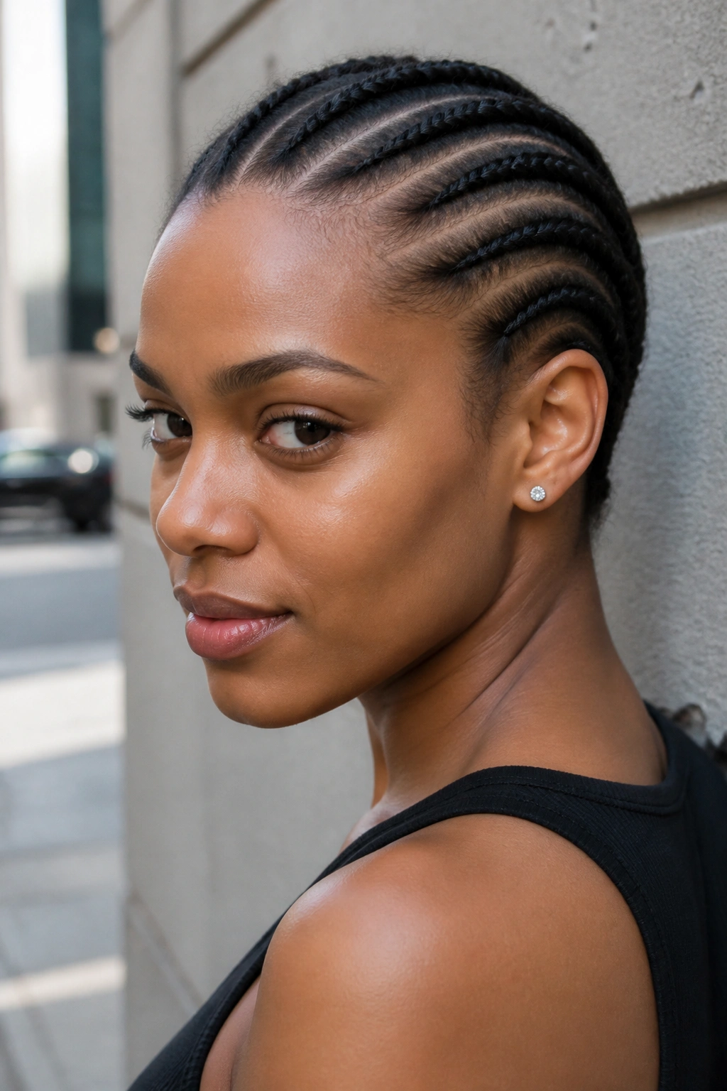 Close-up of a real woman with short cornrows on the scalp
