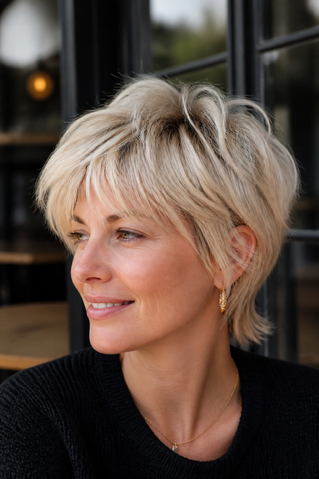 Close-up portrait of a real woman with short crop shag and feathered crown