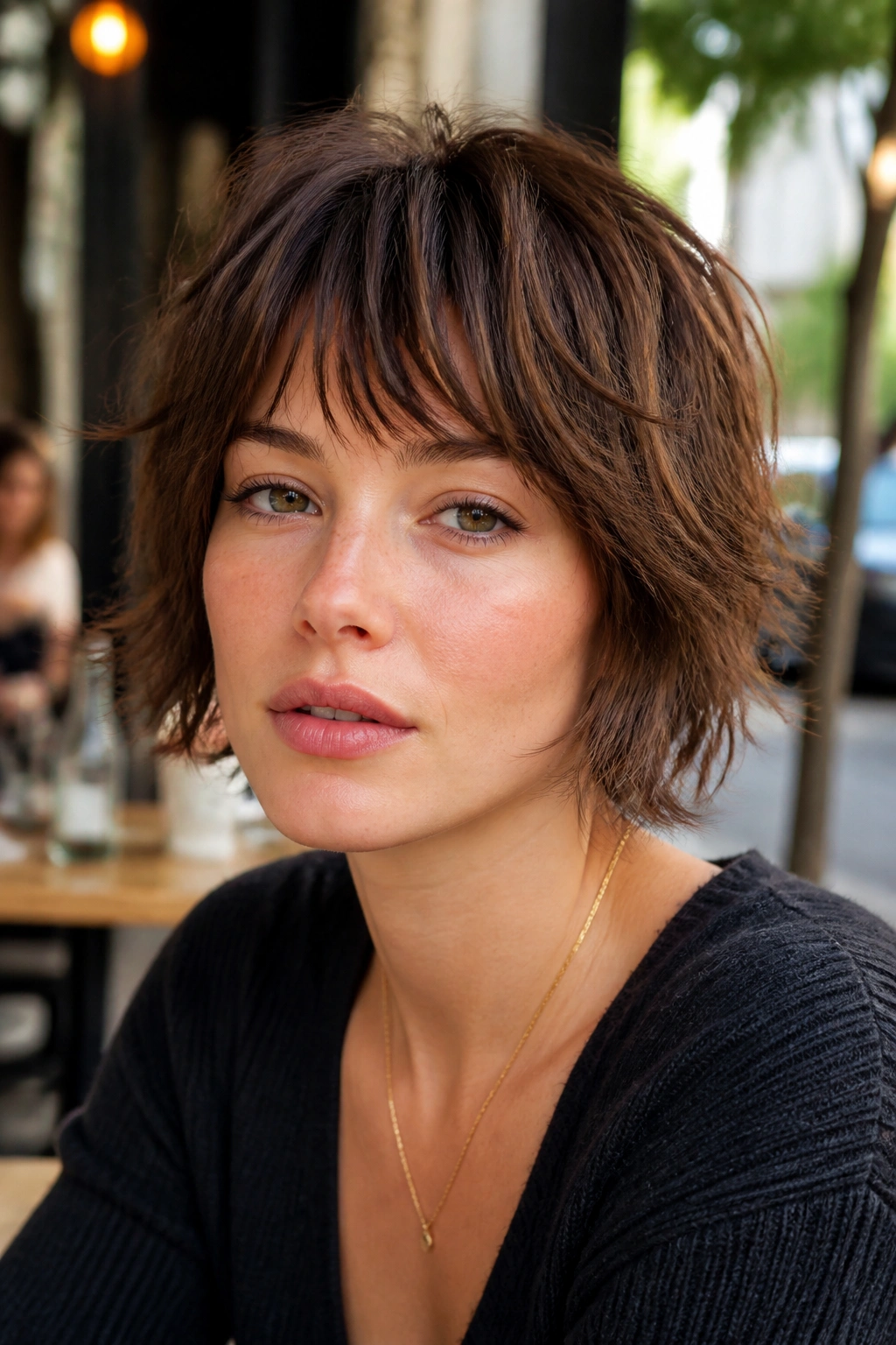 Close-up portrait of real person with short crop shag in urban cafe.