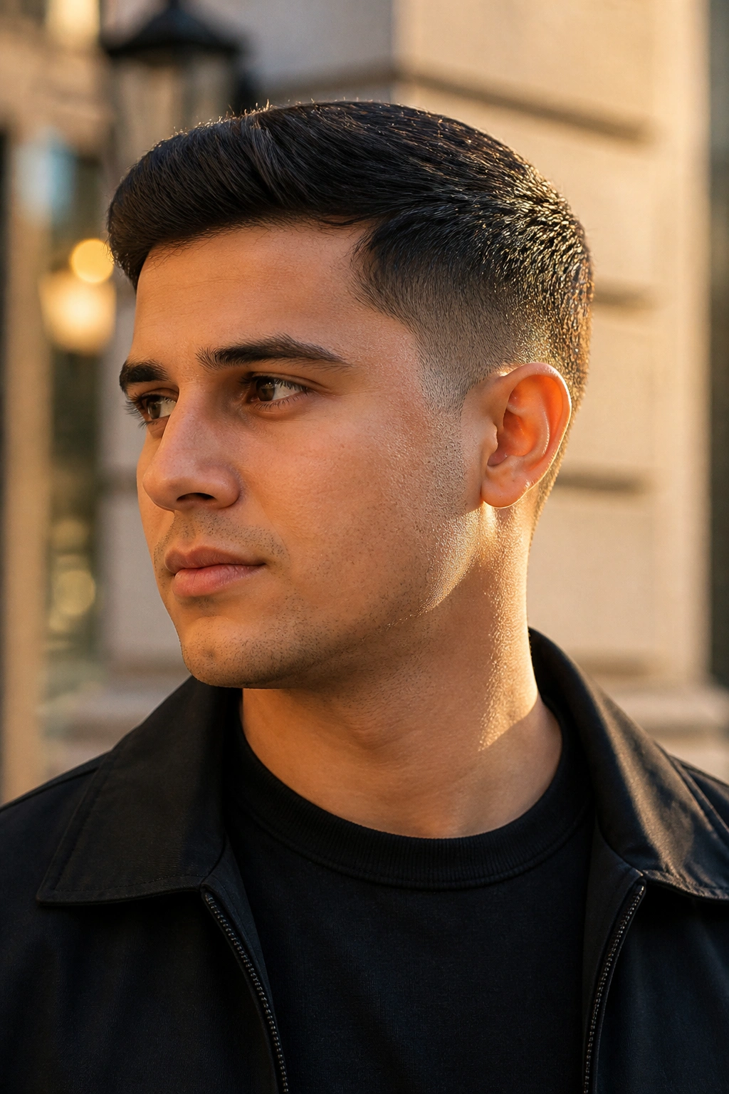 Close-up portrait of a real person with a slick short crop and temple tapering