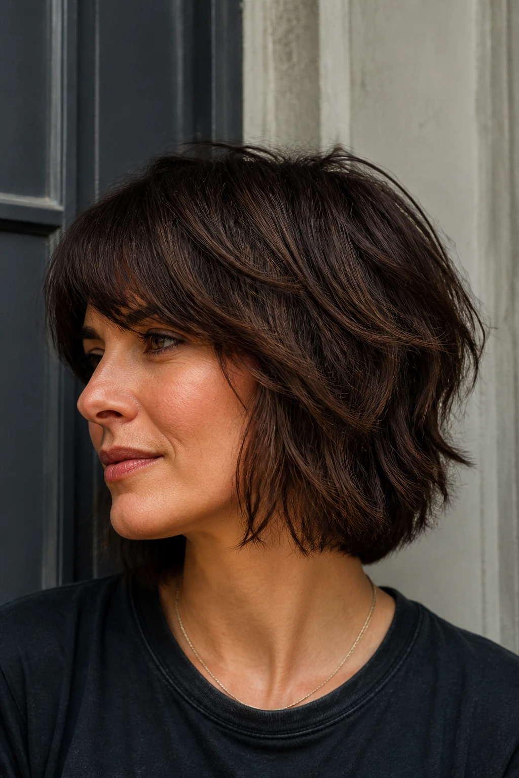 Brunette with short crown and full perimeter shag.