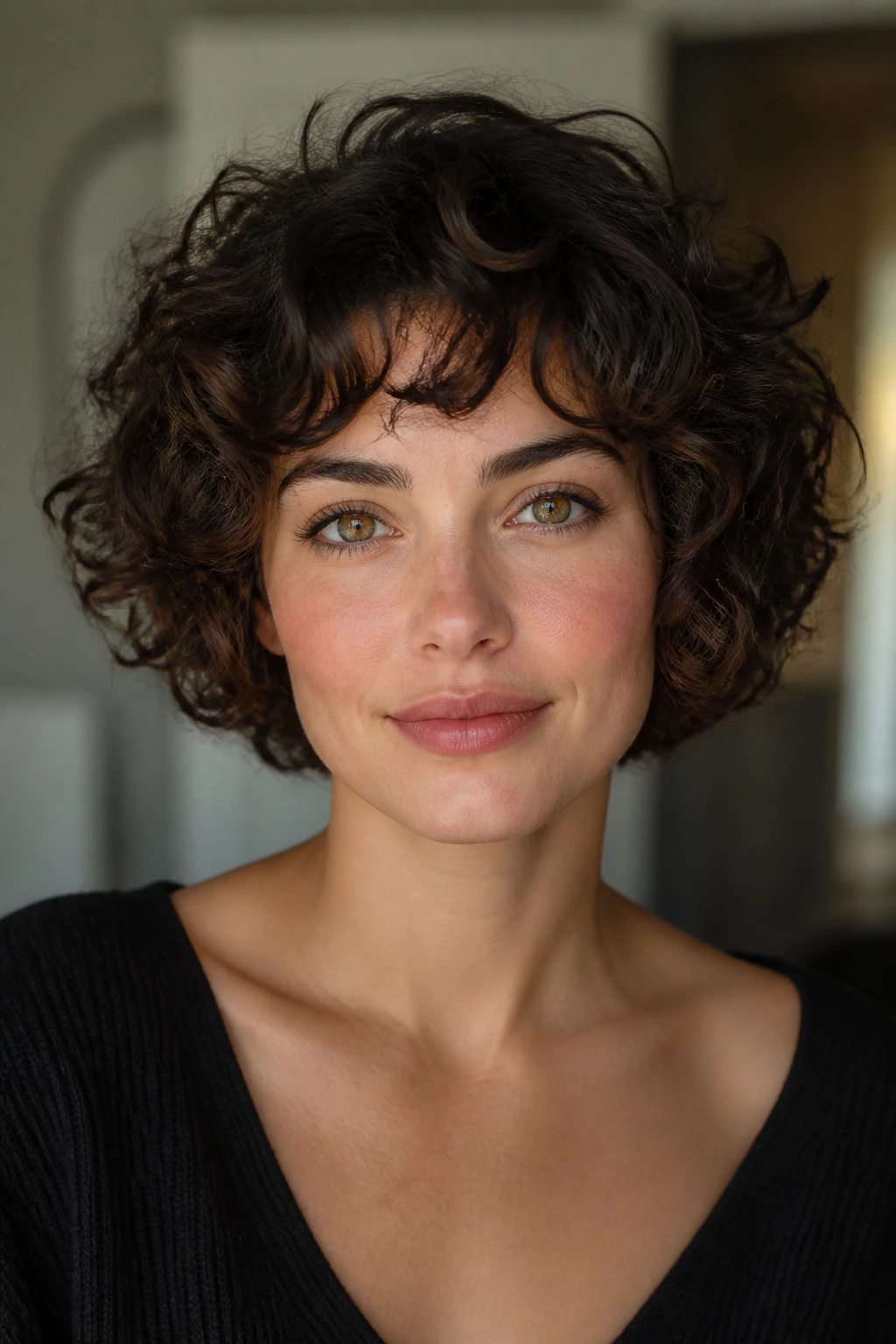 Close-up of a real woman with a short curly bob, curls rounded around the cheeks