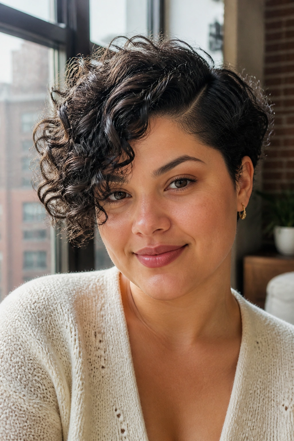Close-up of a real person with a short curly cut and deep side part