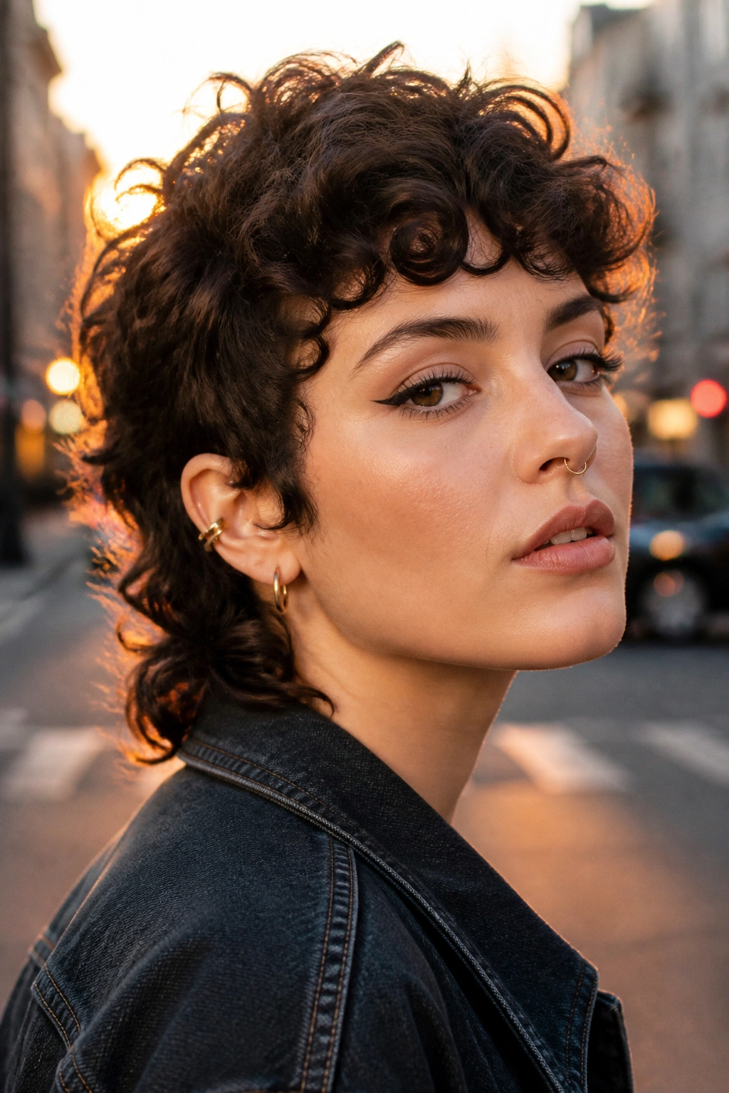 Close-up of a real person with a short curly mullet in urban sunset light