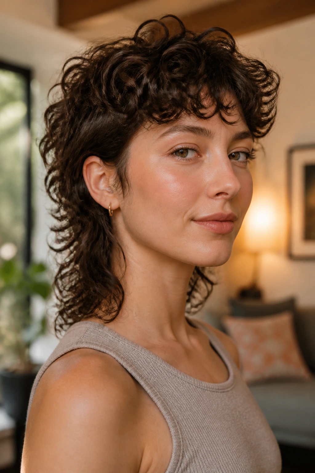 Portrait of a real person with a short curly mullet and rounded layers
