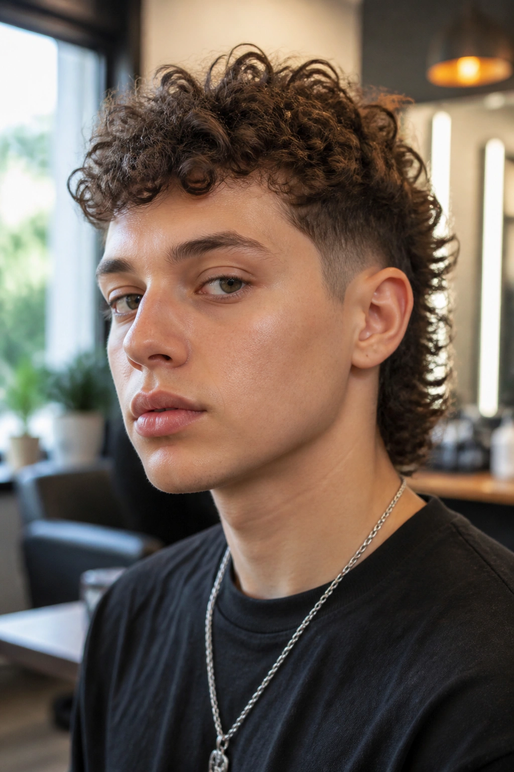 Close-up of a real person with a short curly mullet and tapered temples