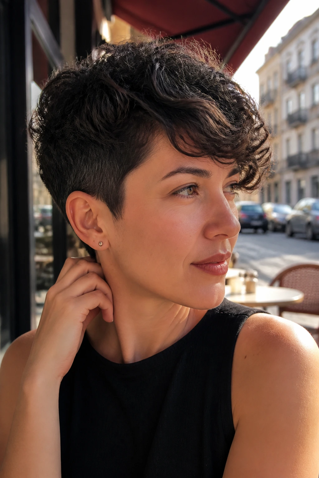 Portrait of a woman with a long top swept curly pixie