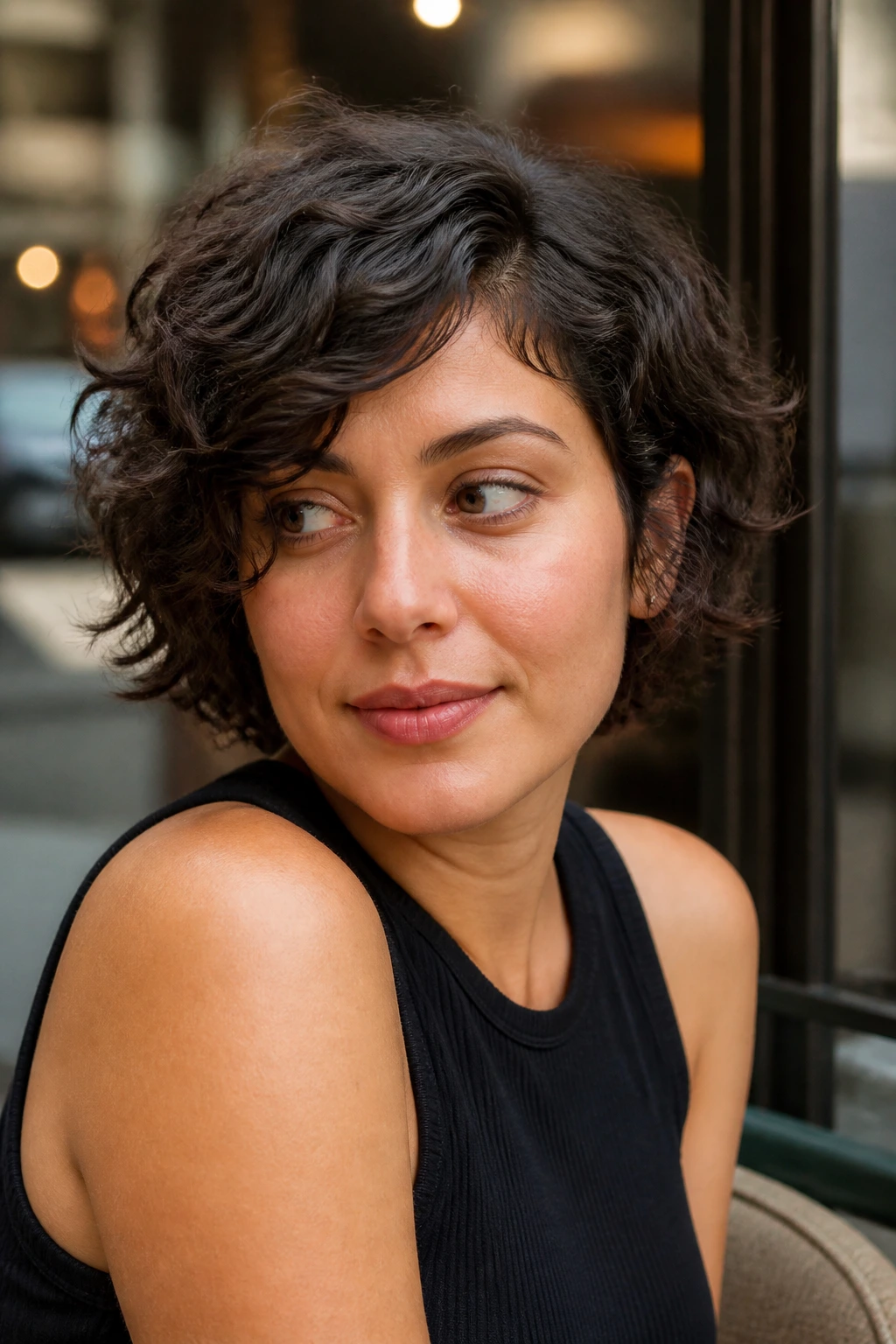 Close-up portrait of a real woman with a short curly shag and diagonal part, movement in curls.