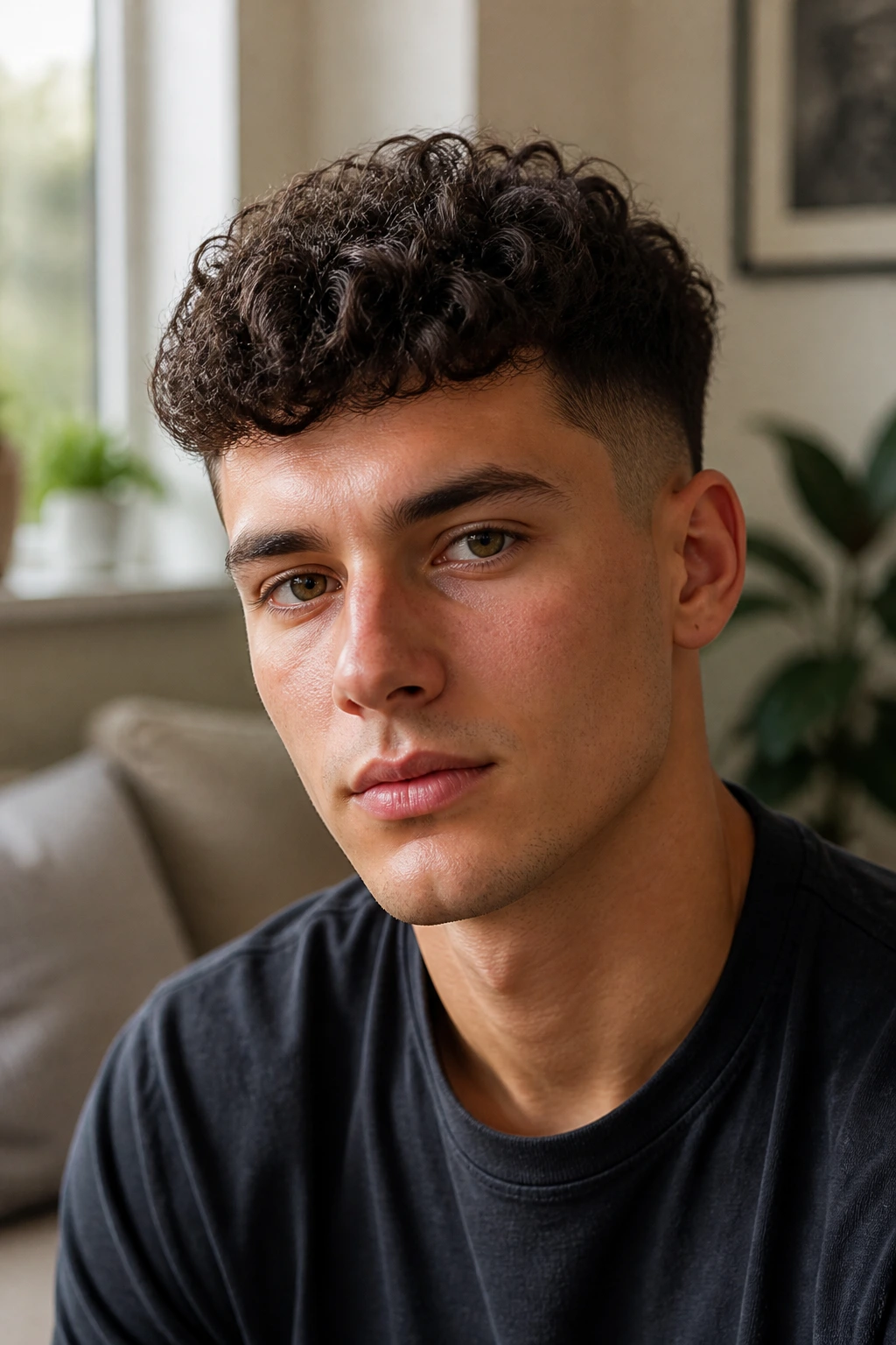 Portrait of a real man with a short curly top hairstyle in a cozy room.