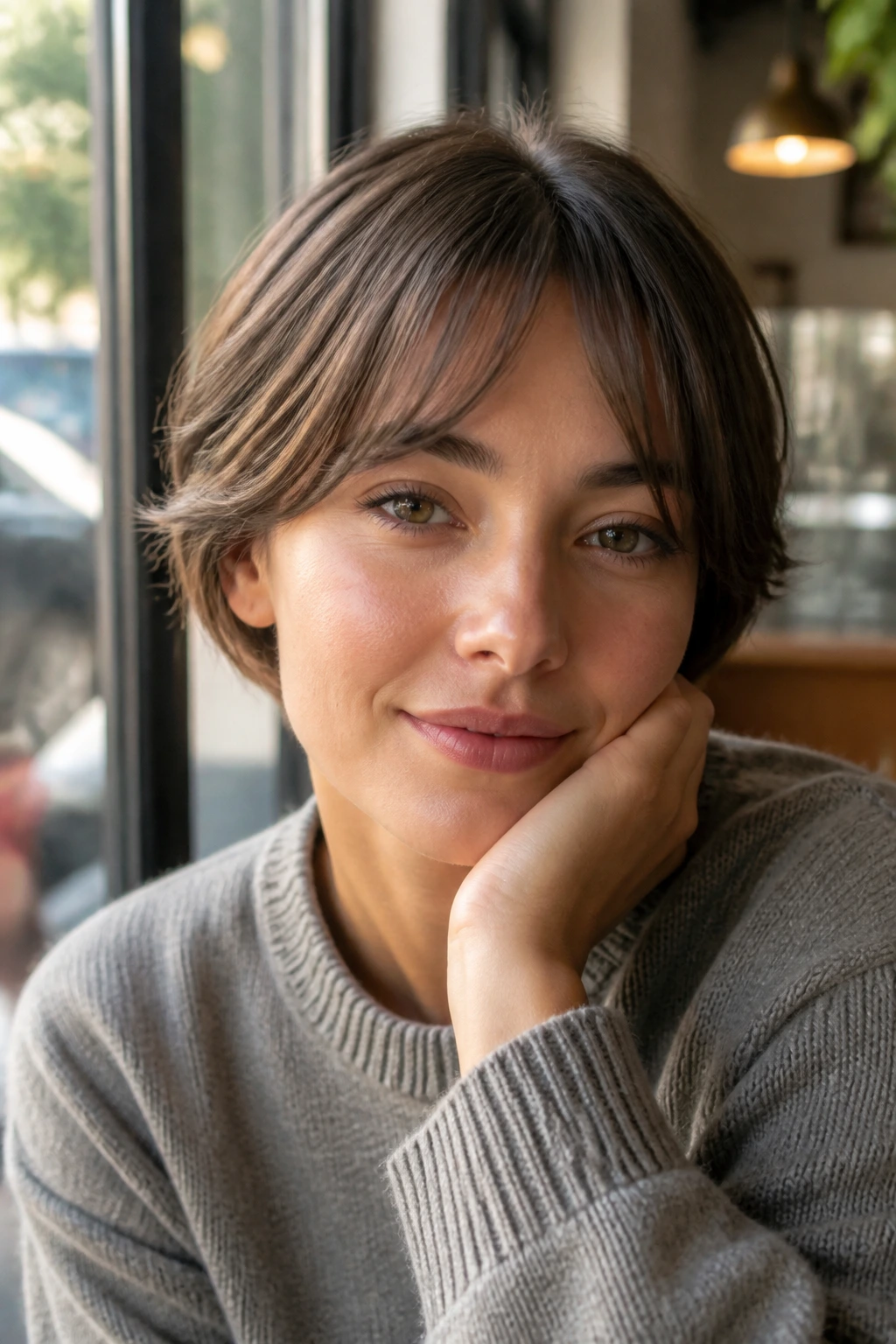 Portrait of a real woman with short curtain bangs clearing the brows.