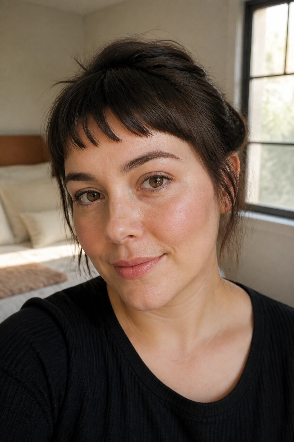 Close-up portrait of a real woman with a soft fringe above the brow in warm window light