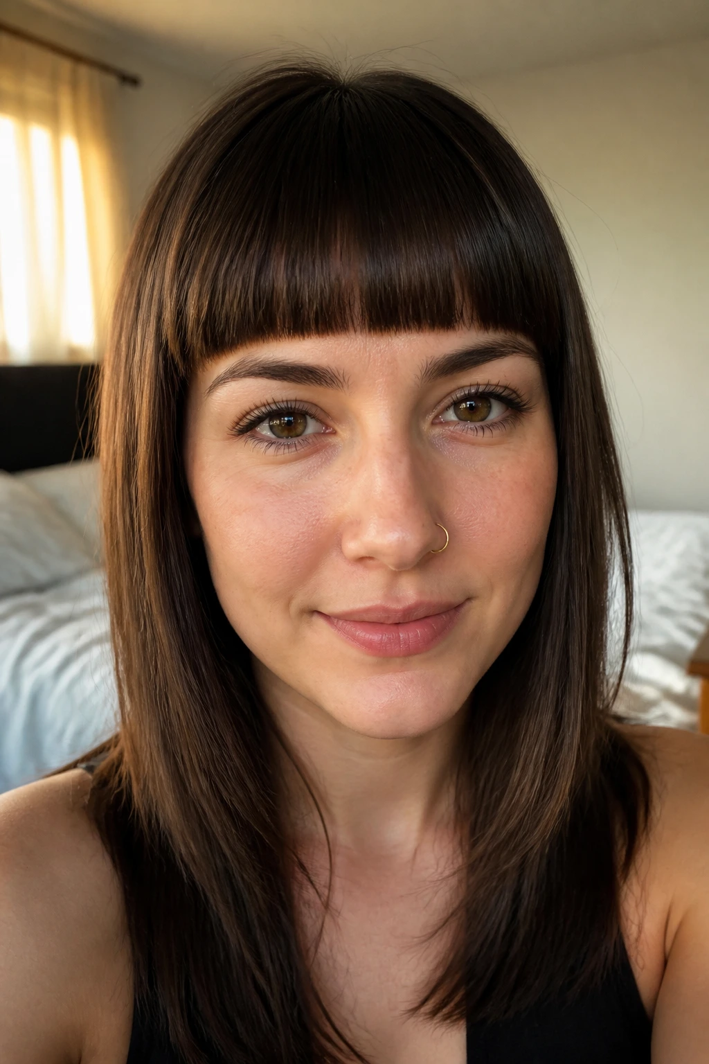 Close-up of real woman with short blunt fringe and straight hair in warm bedroom light