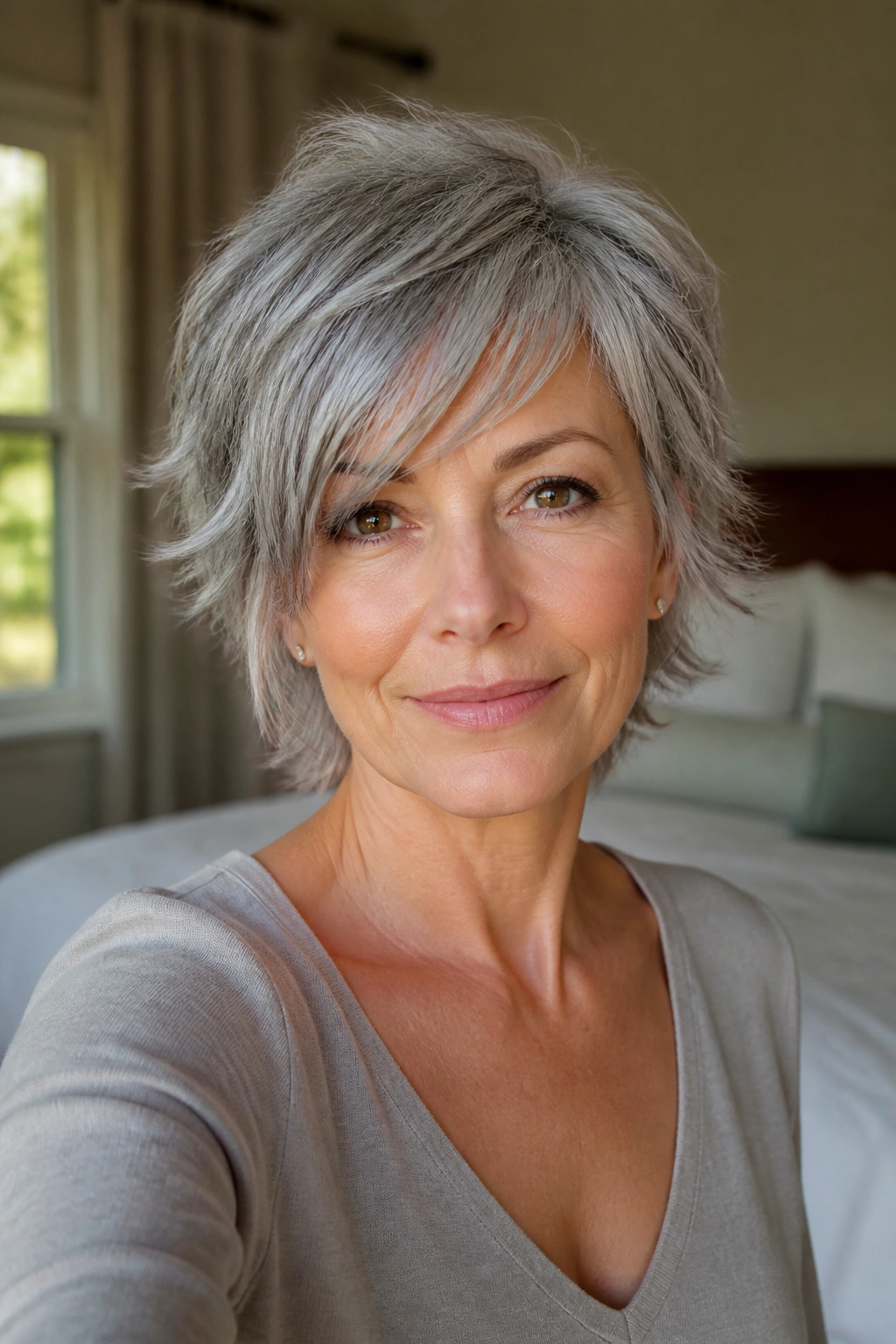 Close-up portrait of a real woman with short gray shag and side-swept bangs