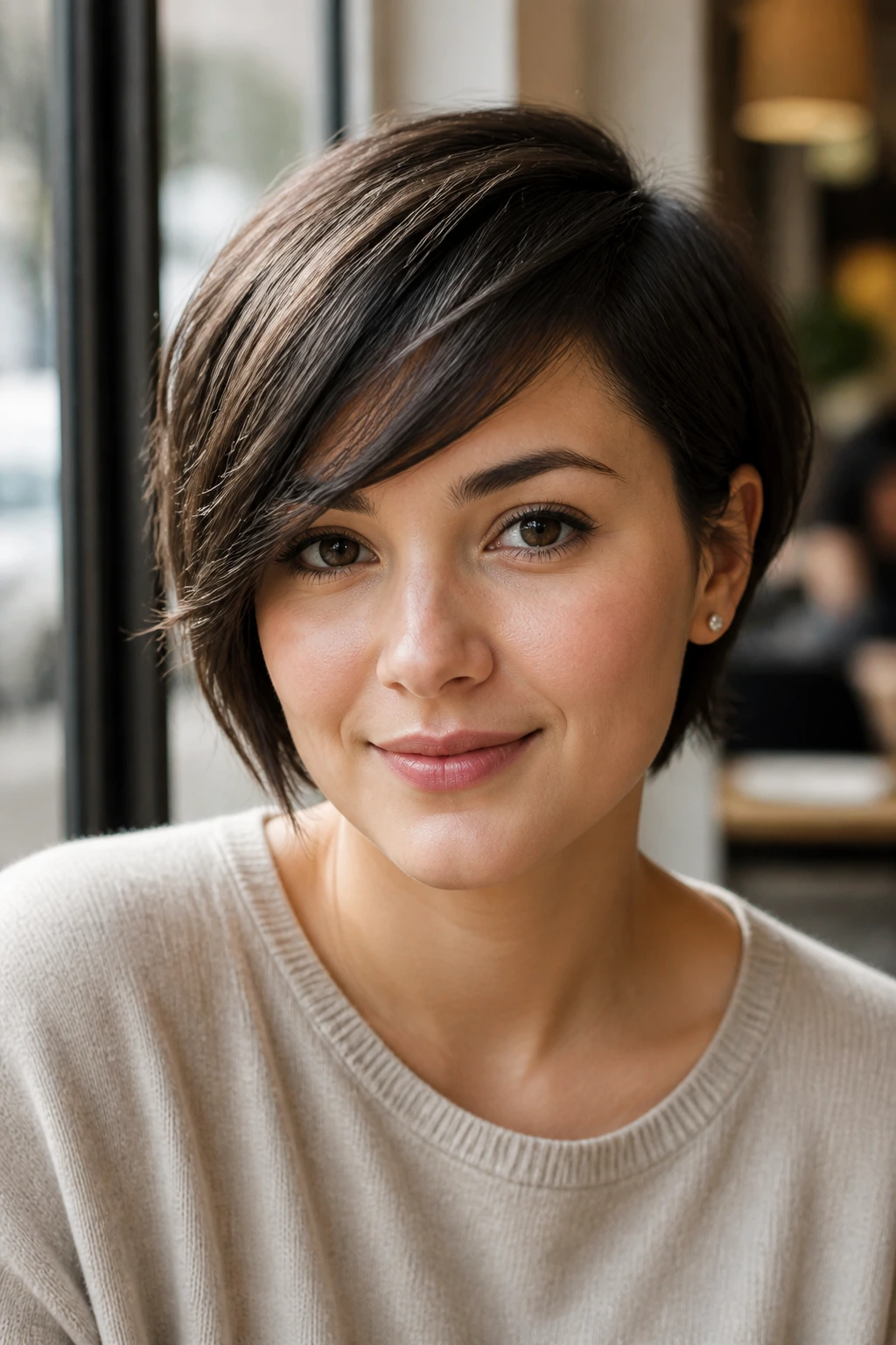 Close-up of a real woman with short hair and diagonal side-swept bangs in a cafe setting