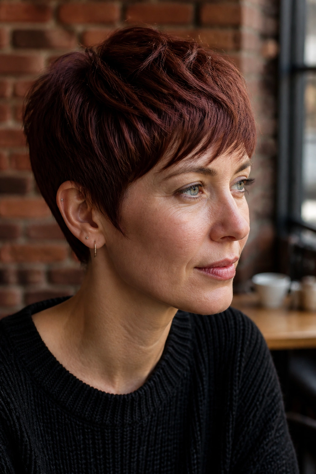 Close-up portrait of a real person with a short pixie cut in brick mahogany copper
