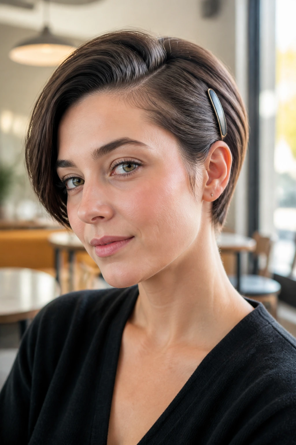 Real woman with short hair clipped back on the side creating a directional side sweep