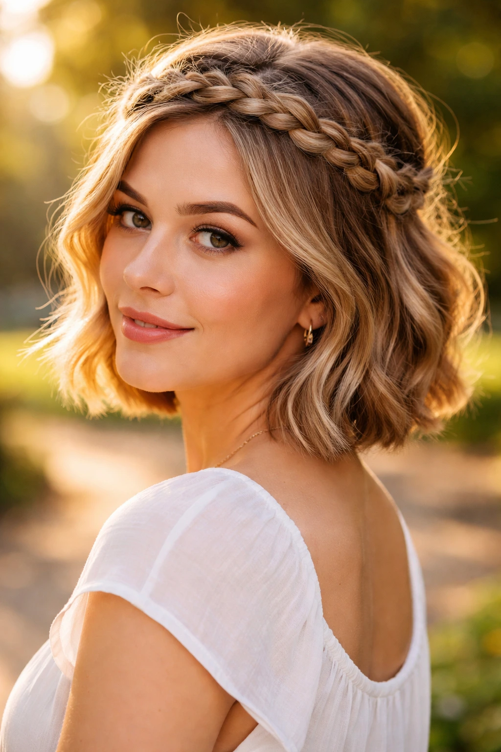 Close-up of a woman with a loose crown braid on short hair in a sunny park