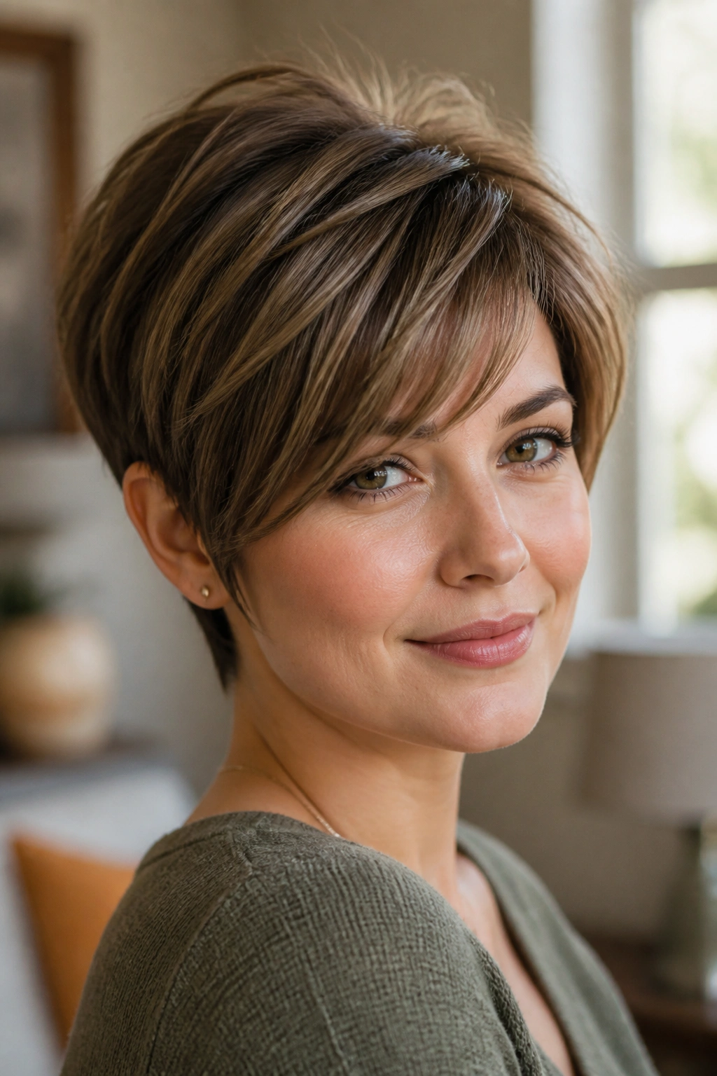 Close-up portrait of a woman with a short hairstyle that elongates the face, crown height and diagonal fringe