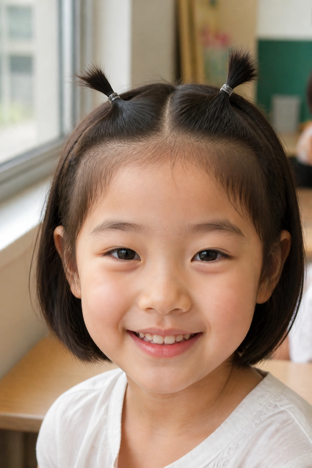 Close-up of a real girl with mini high pigtails in a bright classroom