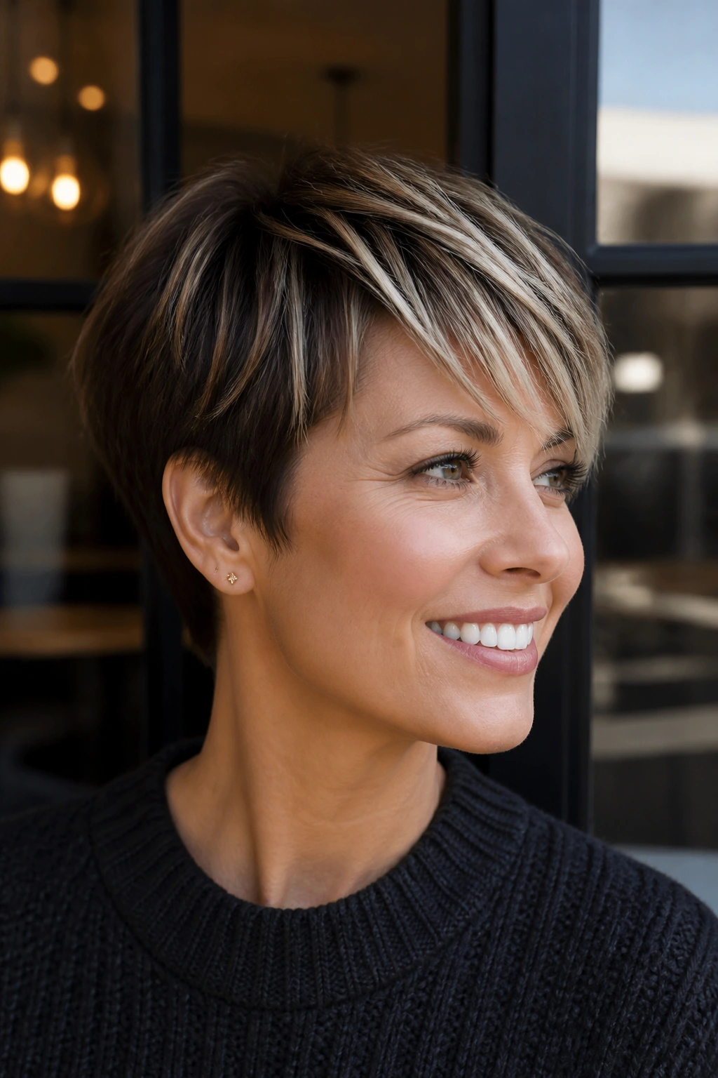 Real woman with short brown hair and crisp platinum slice highlights at the fringe