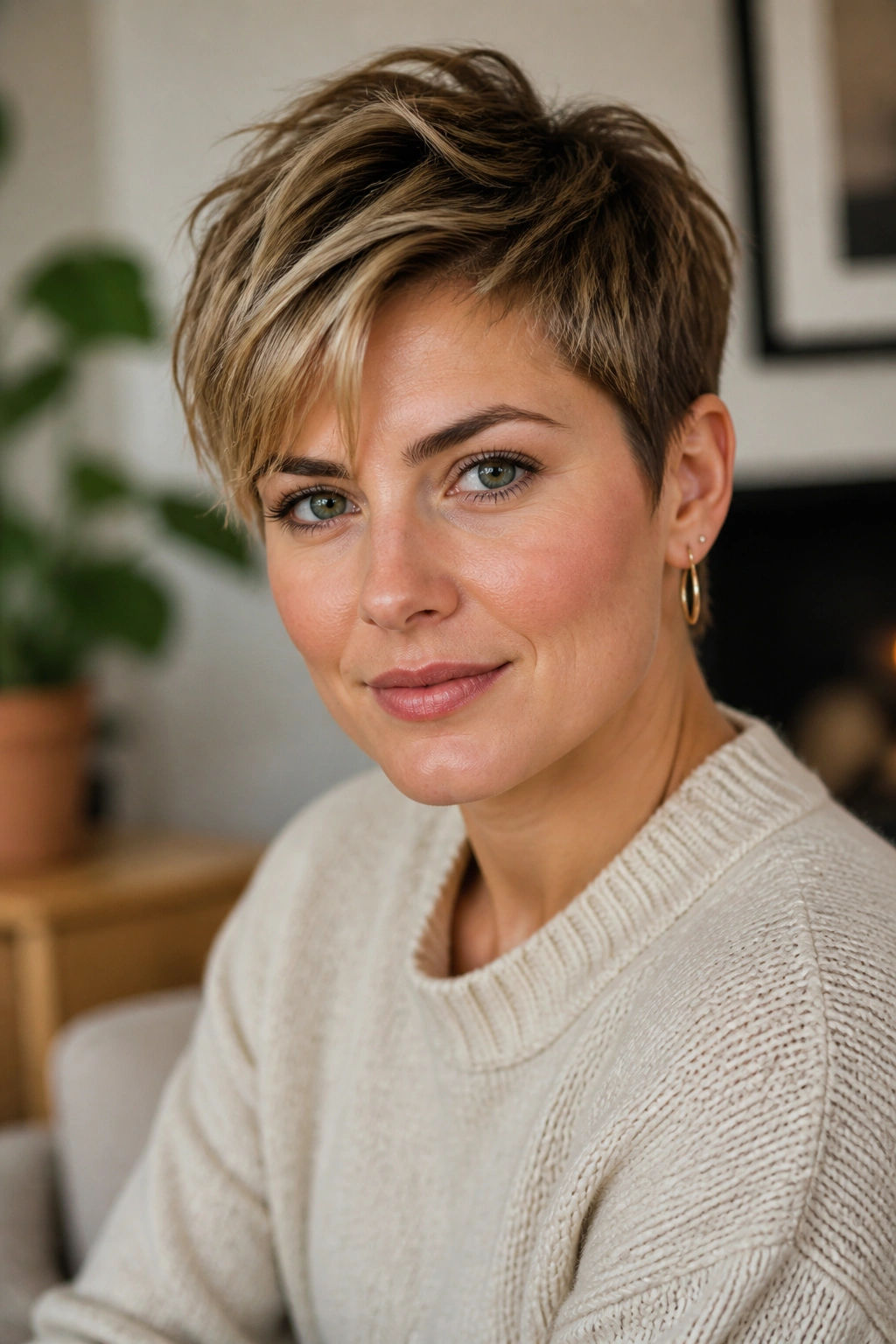 Close-up portrait of a person with a textured short cut highlighting hair texture and thickness
