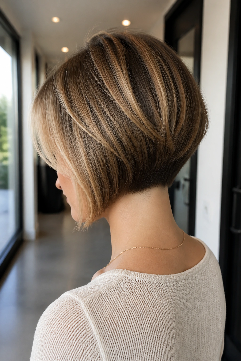Real woman with short inverted bob exposing the nape, profile shot