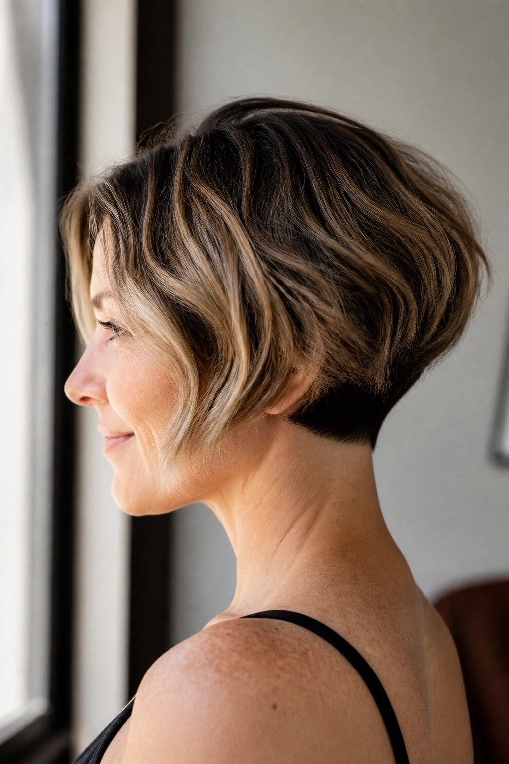 Close-up portrait of a real woman with a short inverted bob showing crisp nape detail.