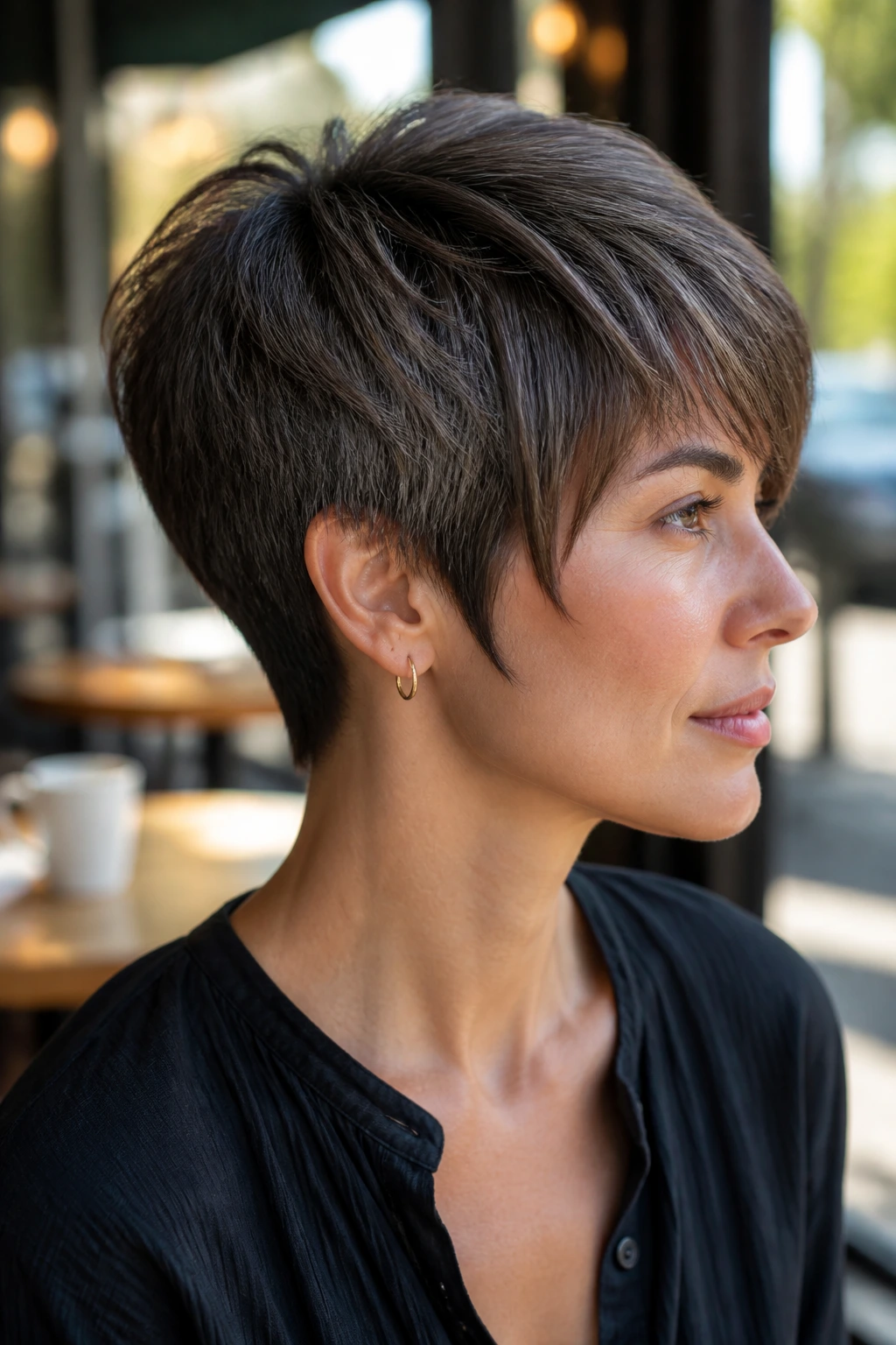 Portrait of real woman with short inverted crop crown layers