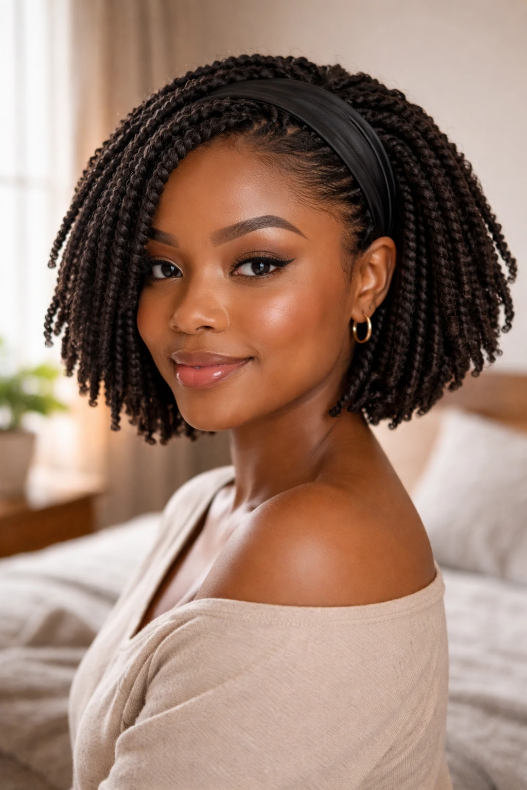 Close-up of a real woman with a graduated kinky twist bob in warm window light.