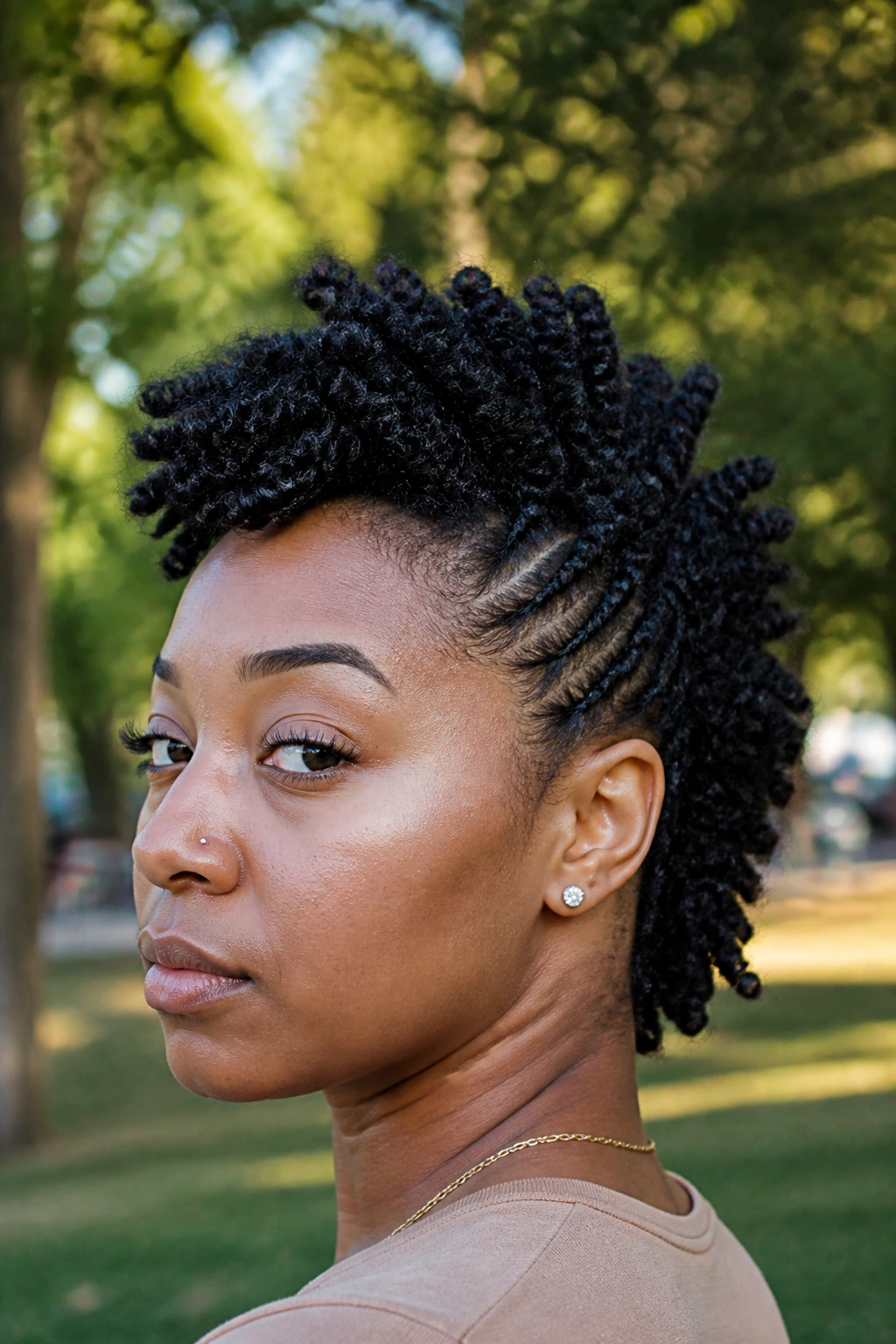 Portrait of a person with a short kinky twist Mohawk in a park