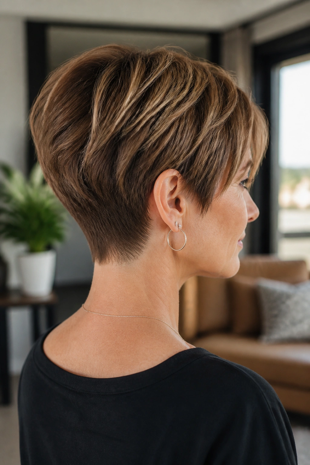 Short layered crop with tapered nape on a real woman