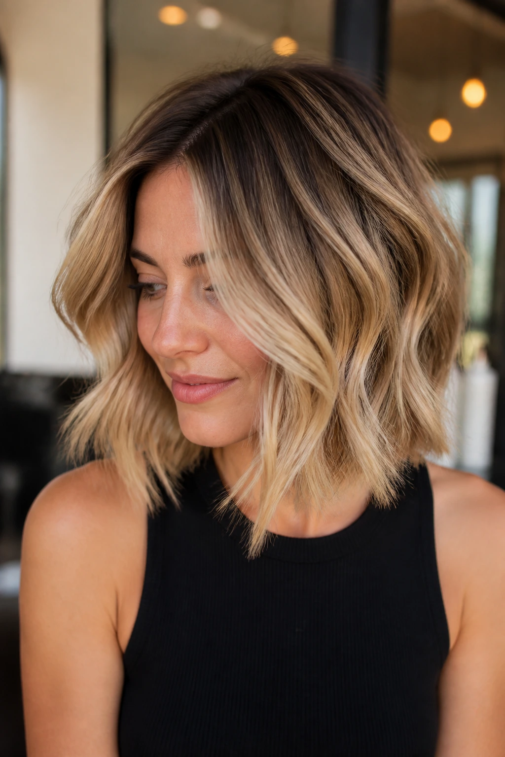 Close-up of real woman with a short layered lob and champagne balayage hair