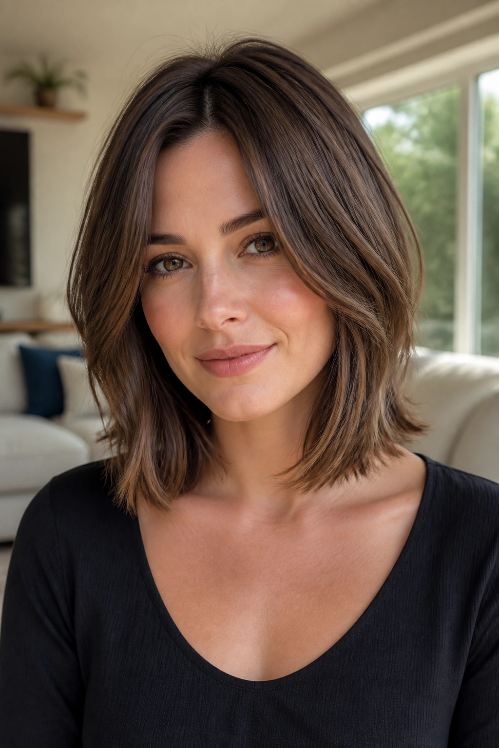 Close-up portrait of a real woman with a short layered lob and soft ends.