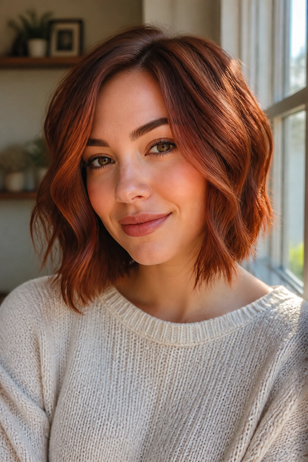 Close-up of a real woman with a short lob and warm red balayage.