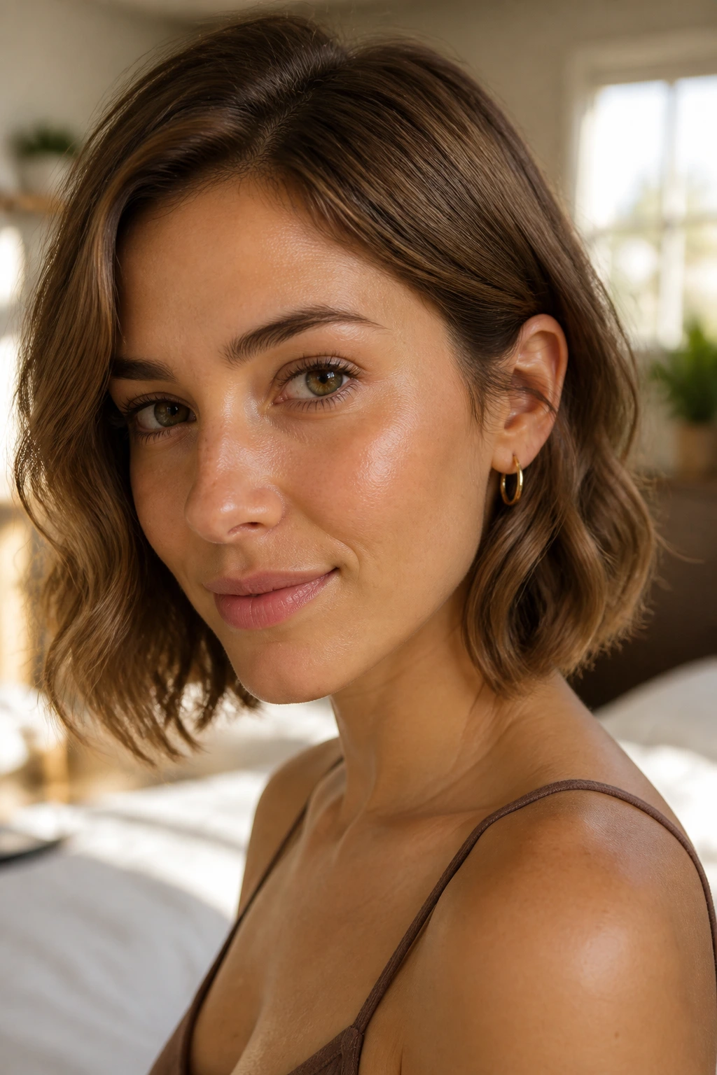 Close-up of a real woman with a short lob and soft waves framing the jaw.