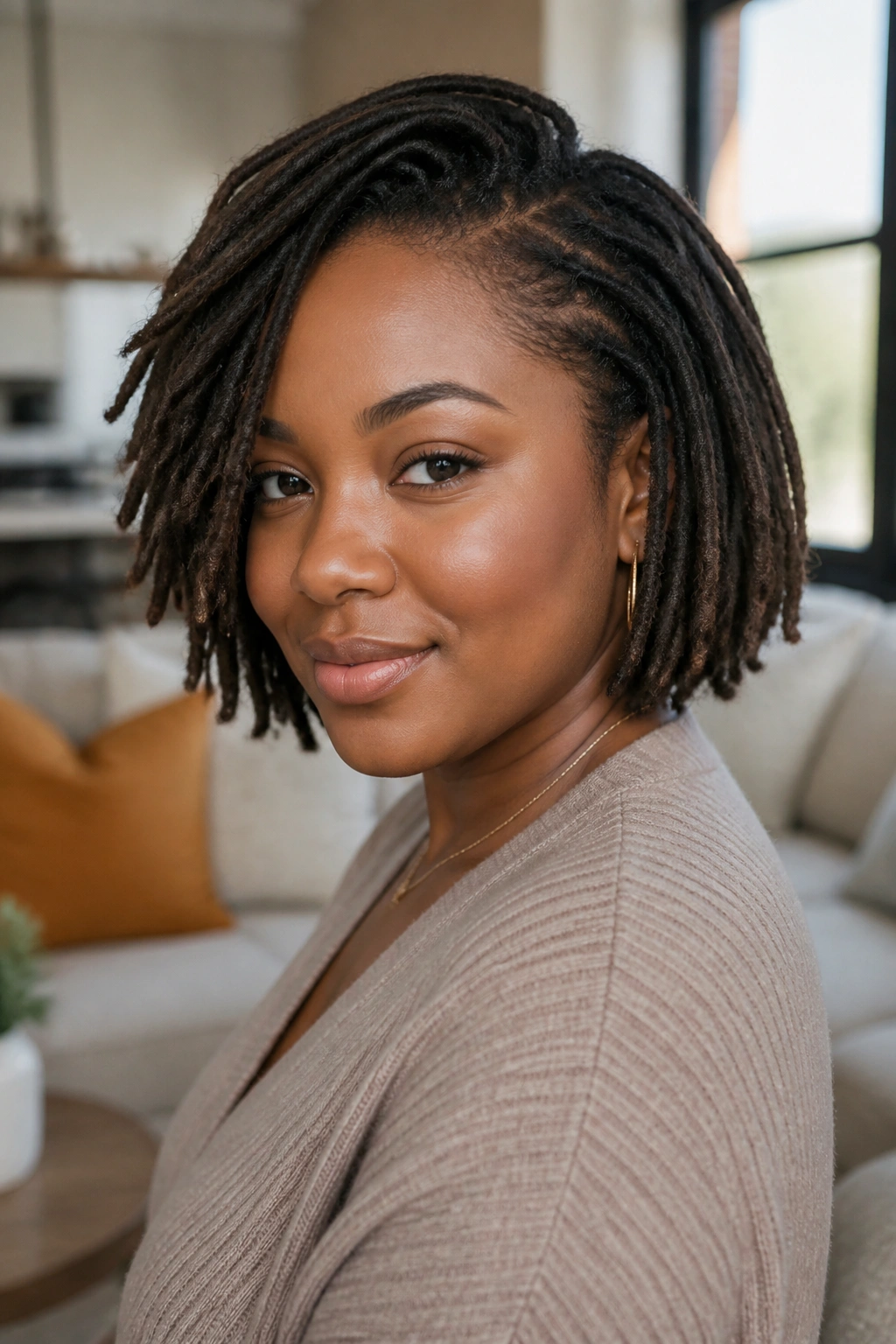 Close-up of a real person with a soft-frame short loc bob around the temples